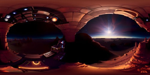 VR360 immersive environment, Martian landscape, ultra high resolution. Towering red rocks, craters, thin atmosphere. Star-dappled black sky, faint glimmer of blue sunset. Masterpiece in digital painting style. Subtle interplay of light, shadow. VR360 vista of surreal Mars beauty.