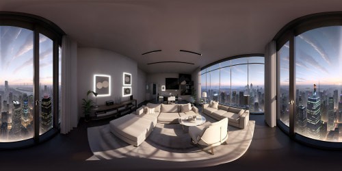 Ultra high-def VR360 masterpiece, luxurious loft vista, cutting-edge cityscape. Reflective glass skyscrapers, twinkling city lights, velvet night sky. Dual style, realism meets digital painting, VR360 magnificence.