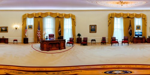 A meticulously crafted, ultra-high-resolution portrayal of the opulent White House Oval Office, showcasing luxurious mahogany furniture, lavish gold trimmings, plush velvet curtains, and a radiant presidential seal, all in flawless, high-definition splendor.