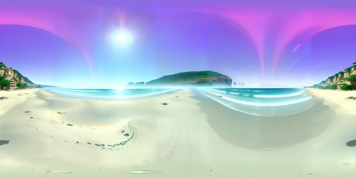 Ultra high-resolution masterpiece, VR360 pristine beach view, trio of monochromatic sand sculptures, subtle reflections on nearby ebbing tide. Enveloping cloudless cerulean sky, sunlight scattering on endless azure sea. Using Pixar-style: soft shading, photorealistic lighting, VR360 spatial depth.