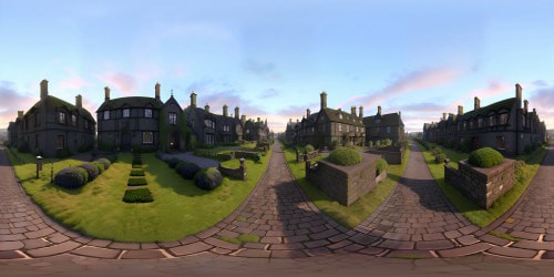 VR360 panorama, Darwen town, Victorian architecture, dusk-glow, shining slate rooftops, tall historic chimneys. Mossy cobblestones, reflected soft light, gaslit streets. Hybrid of digital realism, artful masterpiece, Ultra-HD quality. Subtle nuances, pastel strokes, metallic sheen of setting sun on moss, VR360 romantic panorama.