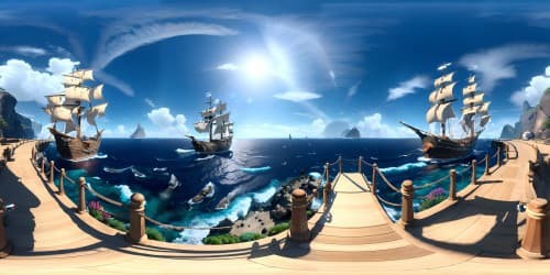 crow's nest view pirate ship sea serpent and dragon and giant squid open ocean