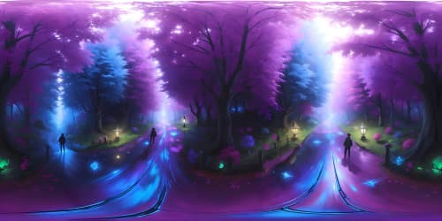 2 boys with many cats in magical dark dense rainy colorful forest with pink and blue leaves