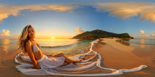 A flawless ultra high-resolution portrayal of stunning brown and blonde highlighted hair cascading elegantly over a figure on a tranquil beach at sunset, with the sun painting a golden hue over the perfectly calm sea and sandy shore, creating a masterpiece of serene beauty.