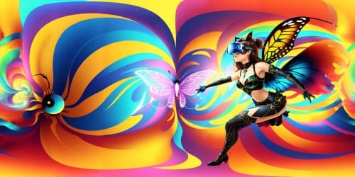 a person with cat face, butterfly wings and fish tail