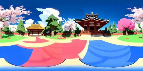Japanese cherry blossoms in full bloom, petals delicately wafting down, ancient temple silhouette. Inky strokes, rich hues imparting a traditional Japanese-art feel to the VR360 scene. Masterpiece-like precision, ultra high-res texturing, authentic VR360 visual experience.