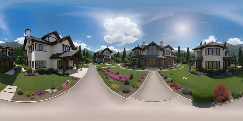 Ultra high-res, VR360 masterpiece, photorealistic blended with 70s luxe house interior. Vibrant colors, extra definition. Upgraded VR360 floral garden expanse, hillock setting. Nostalgic charm, VR360 lake allure enhanced. Distant snow-capped mountains in high-tech attention to detail, VR360 modern luxury at a peak. Masterpiece quality, harmony of past and