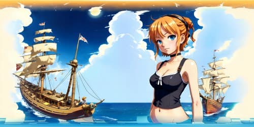 One piece character Nami in short hair and T-shirts. standing in a ship