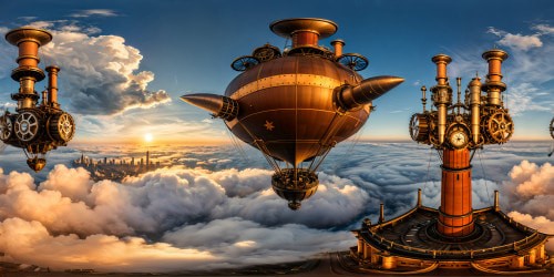 An unrivaled ultra-high-resolution portrayal of a vibrant steampunk city at twilight, adorned with towering airships casting shadows, colossal machinery exhaling billows of steam, intricate brass gears rotating, and massive chimneys emitting plumes of smoke, a flawless masterpiece of industrial grandeur.