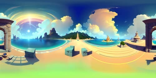 Paradise-inspired VR360 setting, sunset hues reflecting off fluffy clouds, golden halos illuminating ethereal expanses. Glossy, ultra-high-contrast visuals, reminiscent of Renaissance masterpieces. VR360 views of celestial gates, divine radiance, iridescent edges.