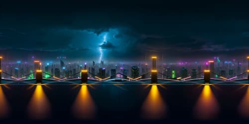 VR360 ultra high-res city skyline, skyscrapers breach rain clouds. Neon lights mirrored on wet surfaces, VR360 steam plumes from hidden locations. Twinkling stars between cloud breaks. Emphasis on rain-kissed city lights, neon-tinted palette. Skyline stretching into the horizon, moonlight piercing clouds, creating iridescent beams. Masterpiece in ultra high-res.