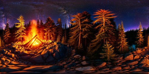 Immersive VR360 experience: a flawless, high-resolution digital painting in the style of Unknown3001, featuring a mesmerizing galaxy sky with vibrant constellations above towering, lush forest trees. The scene includes a glowing campfire by a babbling stream at the heart of the woods, intricately detailed textures capturing the celestial grandeur in ultra-high definition.