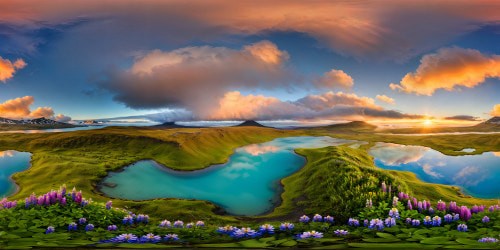 A flawless masterpiece of an Icelandic summer morning; a serene landscape enveloped in a quiet morning fog, reflecting the vibrant aqua hues of hot springs ponds amid a tapestry of tundra and lupine flowers, with distant highland mountains gracing the horizon under a stunning sunrise sky. Unmatched in quality and detail, capturing the tranquil essence of a crisp, calm, and ethereal scene in ultra-high resolution.