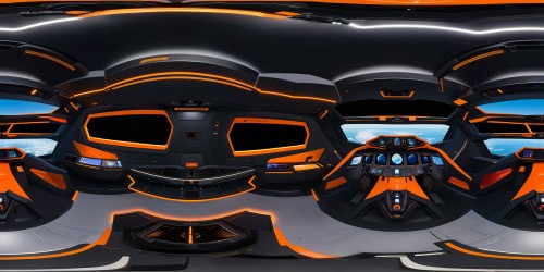 Immaculate, state-of-the-art spaceship command deck in flawless VR360, featuring sleek black design with neon orange highlights, symmetrical screens, and intricate controls bathed in ethereal volumetric light, providing an 18K panoramic view of the awe-inspiring cosmos.