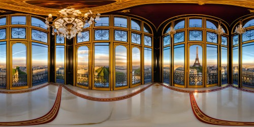 Exquisite Parisian apartment overlooking the Seine river, opulent interior with gilded accents and ornate chandeliers, grand windows framing a perfect Eiffel Tower view, polished marble floors reflecting flawless craftsmanship in ultra-high resolution brilliance.