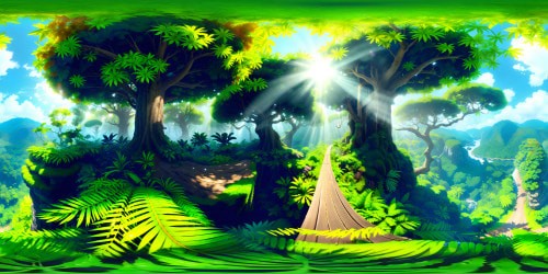 Rainforest VR360, towering ancient trees, dense emerald canopy, bursting flora diversity. Sunbeams piercing through the humidity, glistening dew drops on exotic leaves. Ultra-high res VR360, sublime, art-masterpiece quality, detailed realism. Style: hyperreal digital painting.