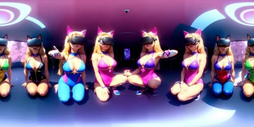 five 40 year old princesses_wearing pink leotards_one has blue eyes_two of them are blonde_they are squatting_spread_arms above their heads_close up of armpit_ cat ears