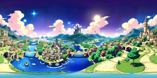 Opulent castle, spires piercing the evening sky, twinkling stars and swirling nebulae. Glistening moat, arching stone bridges, lavish parapets. Vibrant, lush gardens, sprinkled with blooming flowers. Grandeur of Pixar-style, ultra-high-resolution artistry. Surreal VR360 view of a masterpiece kingdom.