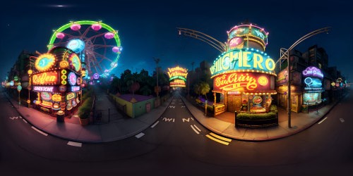 Ultra HD VR360 of Joker's hideout, Amusement Mile at night. Pixilated masterpiece, oversized ferris wheel, neon-lit rides, twisted funhouse. Harley Quinn's subtle traces, playful chaos. Muted moonlight over sprawling VR360 cityscape, amplifying vibrant neons against the encroaching gloom.