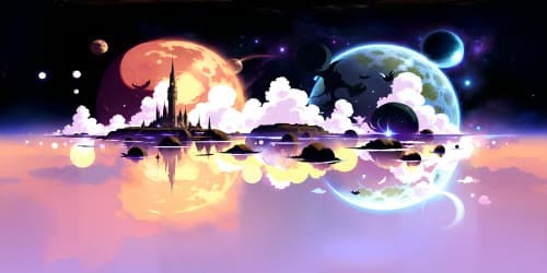 VR360 ultra high-res visual panorama, fantasy art styled, oversized, floating cat silhouettes against a deep, star-studded cosmos, captivating masterpiece, play of galaxy colors reflected on silhouettes, no foreground elements.