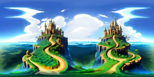 VR360: Majestic castle, intricate stone carvings, towering spires against cloud-streaked azure. Fire-breathing dragon, scale detail, iridescent in sunlight. Style: Ultra high-resolution, masterpiece precision, VR360: best quality fantasy art.