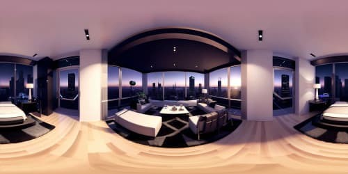 Opulent mid-2000s bachelor pad, ultra high-res textures, quality masterpiece, VR360 in a Pixar-style. Elaborate minimalist furniture, polished wood floors, sleek glass surfaces reflecting neon city lights. VR360 view of the city skyline, twinkling night stars. No pet, just an abstract goat sculpture.