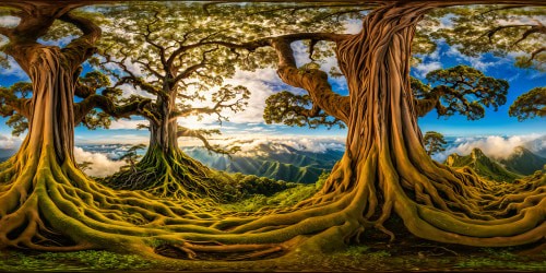 Beneath the colossal world tree's sprawling branches and intricate roots, a flawless, highly detailed masterpiece unfolds in ultra-high resolution, capturing the essence of a mystical and ancient realm with ethereal light filtering through lush foliage, vibrant flowers, and delicate moss covering every surface in a mesmerizing tapestry of colors.