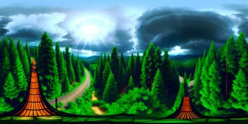 Masterpiece quality VR360, ultra high-res, elevated forest lookout platform. Tree canopy panorama under stormy, dark clouded sky. Rain-swept forest hillside, creating immersive VR360 forest view.
