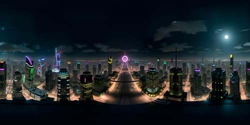 VR360 view of futuristic Japan, luminescent skyscrapers, VR360 holographic billboards, high-speed levitating trains. Ultra high-res, architectural masterpiece, digital art style, razor-sharp lines, intense colors.