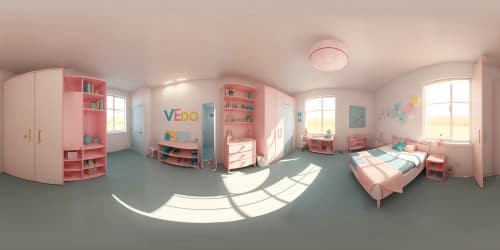 Ultra high-resolution VR360 masterpiece, colossal nursery room. Dominating crib, minimalistic yet grand, VR360 perspective. Baby mobiles, luscious soft colors. Style blend: modern sophistication, pastel watercolor.