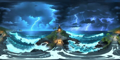 endless ocean at night with heavy rain, thunder and lightning storm and large crashing waves