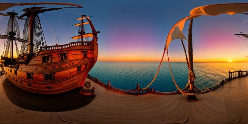 A meticulously detailed floating wooden pirate ship, its timeworn deck weathered by countless adventures, billowing tattered sails under a vibrant sunset, shimmering on crystal clear waters, highlighting every intricate plank and rope in flawless Ultra HD resolution.