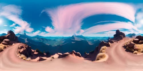 cyan sky with warm pink clouds and montains far away