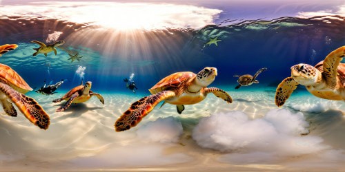 An underwater world resembling an aquarium on a grand scale, teeming with multiple sea turtles, sharks, and starfish, showcasing flawless detail in ultra-high resolution, a true masterpiece of aquatic beauty.
