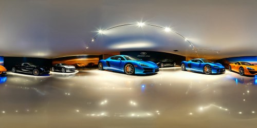 A luxurious showroom showcasing an exquisite collection of gleaming sports cars, illuminated by radiant spotlights, their sleek frames reflecting flawlessly on the glossy floors, capturing the sheer opulence and elegance in ultra high-resolution clarity.