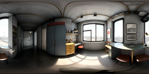 Mid-century interior design, Soviet Union 1960s apartment, concrete textures, vintage furniture. Stark contrasts, grey tones, pops of muted colors, functional minimalism. VR360 exploration through past-era authenticity. Digital painting style, ultra-high resolution, meticulous detail for an immersive VR360 masterpiece.