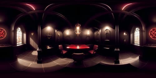 VR360 high-quality representation, Satanic chamber, enormous pentagram, Gothic art influence. VR360 masterpiece view, ultra-resolution, chilling atmosphere, significant dramatic shadows. Black, red palette, intricate sigil details.