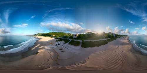 Ultra-high-res VR360 view, sitting on beach facing the ocean