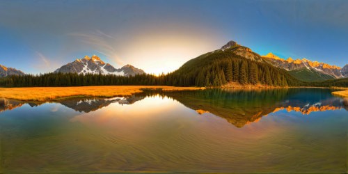 An awe-inspiring, flawless mountain vista bathed in golden sunlight, mirrored in a crystal-clear alpine lake, snow-capped peaks, lush forests, 8K Alpine scene of pure beauty and tranquility.