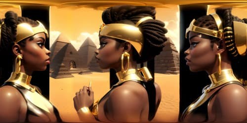 High-resolution VR360 panorama, regal black Egyptian pharaohs, golden one-piece swimsuits, proud poses. Detailed, photorealistic quality, resembling a masterpiece. Recurring motifs: ebony skin, gold accents, radiant smiles. Style notes: ultra-realistic, grandeur. VR360 view of Egyptian artistry, elegance in details.