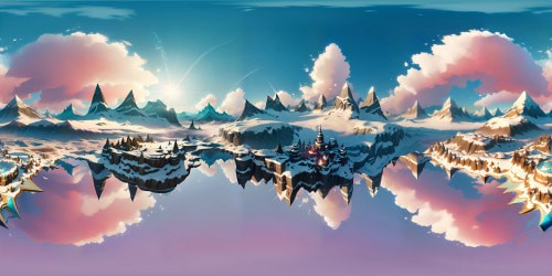 Majestic snow-capped peaks, towering, shimmering under cerulean sky, VR360 panorama. Rugged terrain, intricate, frosty details, crisp, ultra high res. Surreal art style, ethereal lighting, fantasy mountain landscape. Blend of realism, fantasy, VR360 masterpiece view.
