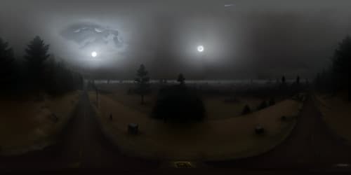 Ultra high-resolution VR360, Silent Hill inspired masterpiece, photo-realistic style instilling horror. Mist-enveloped landscapes, decayed structures in a thick fog. Ominous cloud-ridden sky, moon casting eerie glow.