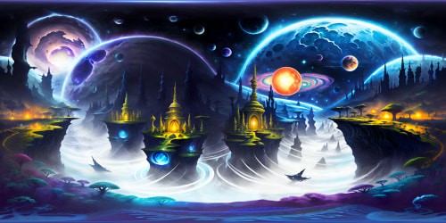 VR360 optimized fantasy art masterpiece, stardust nebulae, dazzling celestial bodies. Vivid, otherworldly galaxies, ultra-high res meteors. Hyper-detailed alien planets. Lustrous, iridescent cosmic dust, VR360 astral phenomena. Enigmatic, ethereal glow overlay.