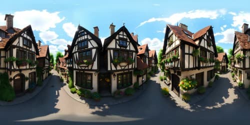 VR360 scenic German village. Cobblestone streets, half-timbered houses, elaborate flower boxes, watermill, spired churches. Mastery in ultra-high resolution, pristine quality, soft lighting. Contemporary realism style, detailed textures, subtle color gradation. VR360 view, quaint charm, immersive artistry.