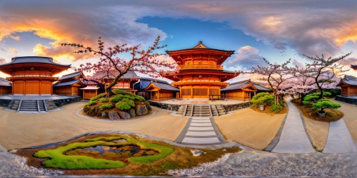 A meticulously detailed, flawlessly crafted shrine in Japan, surrounded by vibrant cherry blossom trees, intricate wooden architecture, serene koi pond, red torii gates, glowing lanterns, and a serene sunset casting a golden hue over the scene.