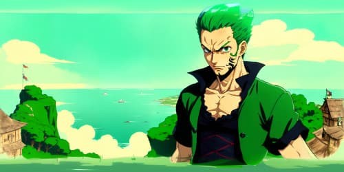 one piece character Zoro. green hair. Black clothes