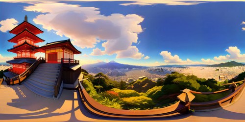 a classic panormic view from the top of Kiyomizu-dera temple, Kyoto. Blue sky, fluffy clouds, with the red Koyasu pegoda on the right.