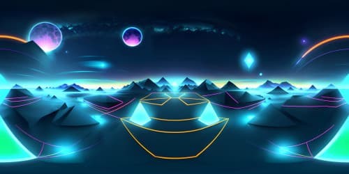 Ultra high resolution VR360 landscape, ethereal grandeur of lustrous lunar glow mirroring on placid lagoon. Shrouded, majestic summits in gentle mist. Night sky adorned with stellar jewels, VR360 immersion. Epitome of digital art magnificence.