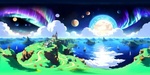 Masterstroke VR360 artistry, paramount, ultrahigh-resolution. VR360, vivid color spectrum, brilliant artistry. Infinite cosmic expanse, stars scattered, mesmerizing northern lights pulsating. Celestial bodies shimmer, fantasy art overtones. Pixar-style depth, surrealism's abstract manifestations.