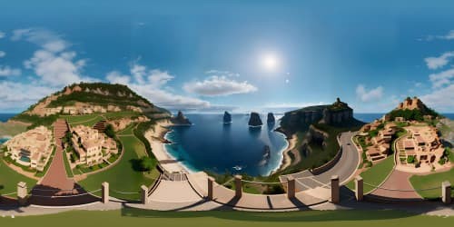 Ultra-high-resolution VR360, hilltop marvel, majestic ocean panorama. Rustic terracotta village fragments, azure sea palette. VR360 horizon, edge-of-cliff patio, adjacent hamlet vista. Grandstand view, hillside allure. Masterpiece quality, breathtaking expanse.